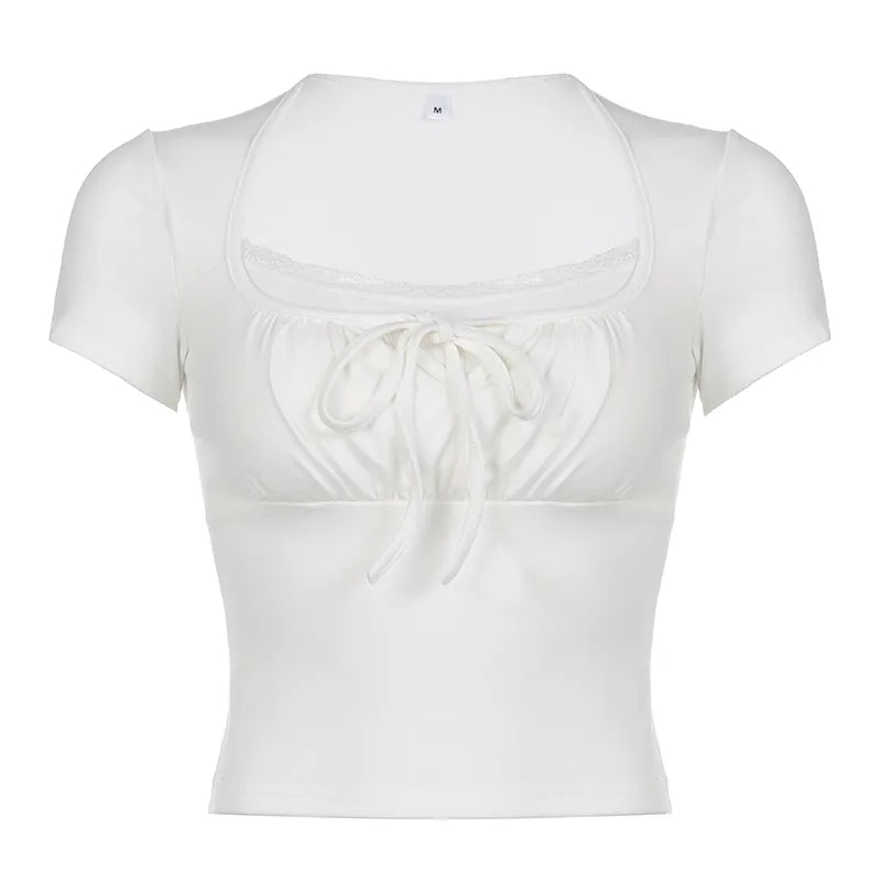 GR | Top with lace trim, square neckline and drawstring