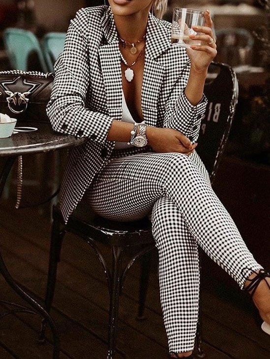 GR | Women's Check Slim Blazer & Trousers Two Piece Set