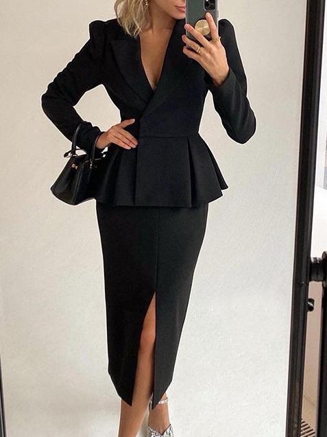GR | Women's Suit Long-sleeved Jacket & Slit Skirt Two-Piece Suit