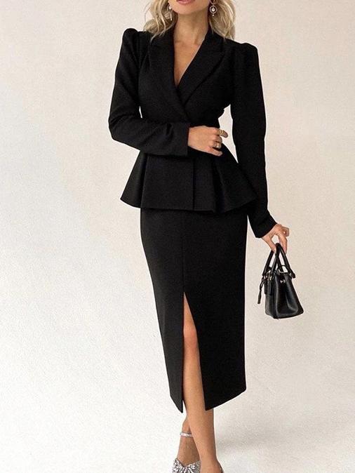 GR | Women's Suit Long-sleeved Jacket & Slit Skirt Two-Piece Suit