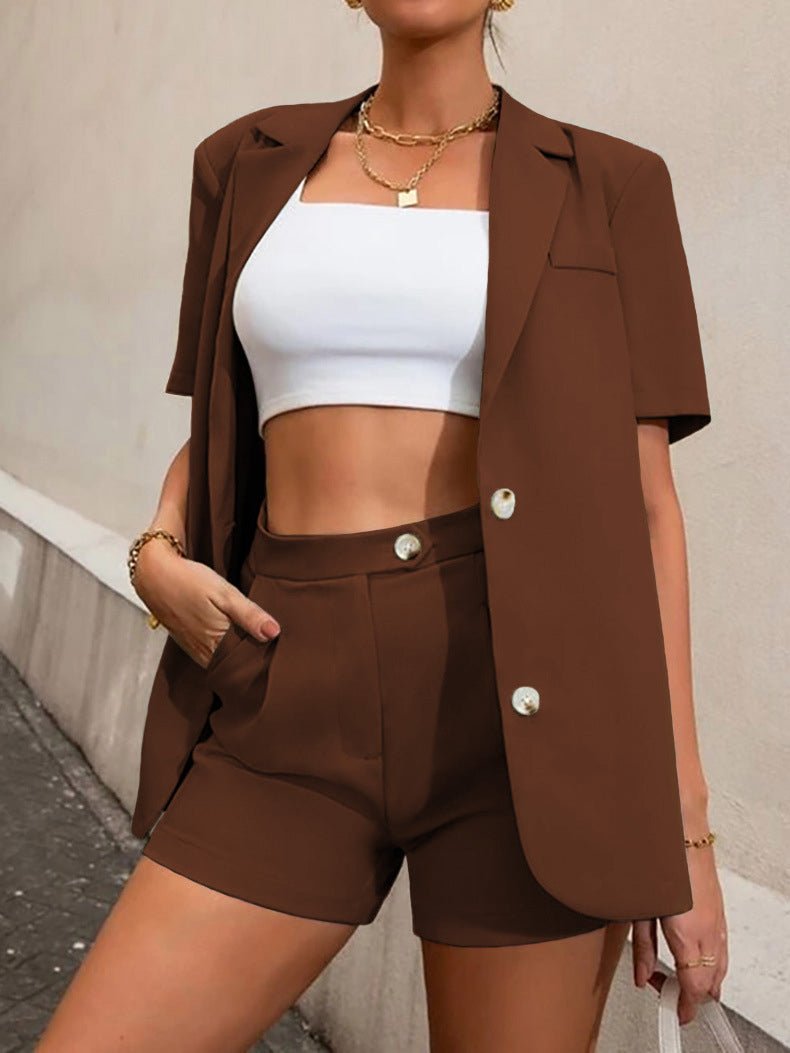 GR | Women's Set Solid Blazer & High Waist Shorts 2 Piece Set