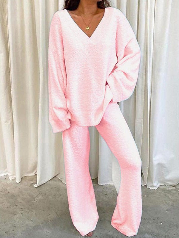 GR | Women's Set Solid Color V-Neck Casual Long Sleeve Top & Pants Warm Two-Piece Set