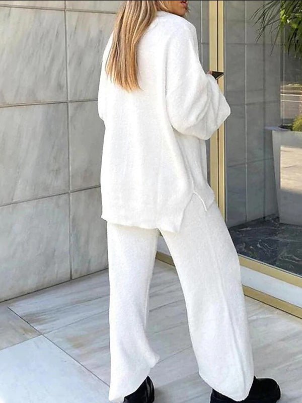 GR | Women's Set Solid Color V-Neck Casual Long Sleeve Top & Pants Warm Two-Piece Set