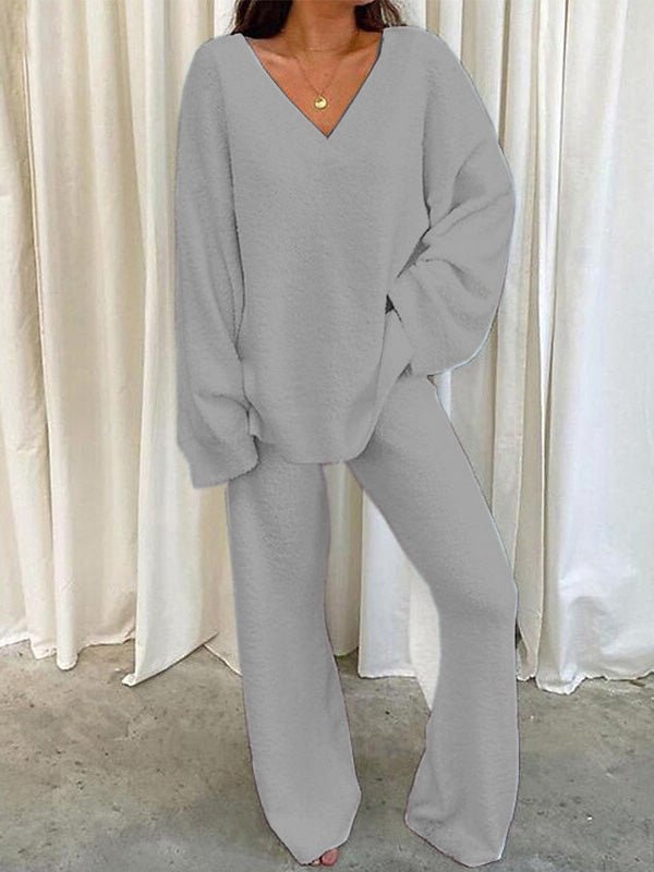 GR | Women's Set Solid Color V-Neck Casual Long Sleeve Top & Pants Warm Two-Piece Set