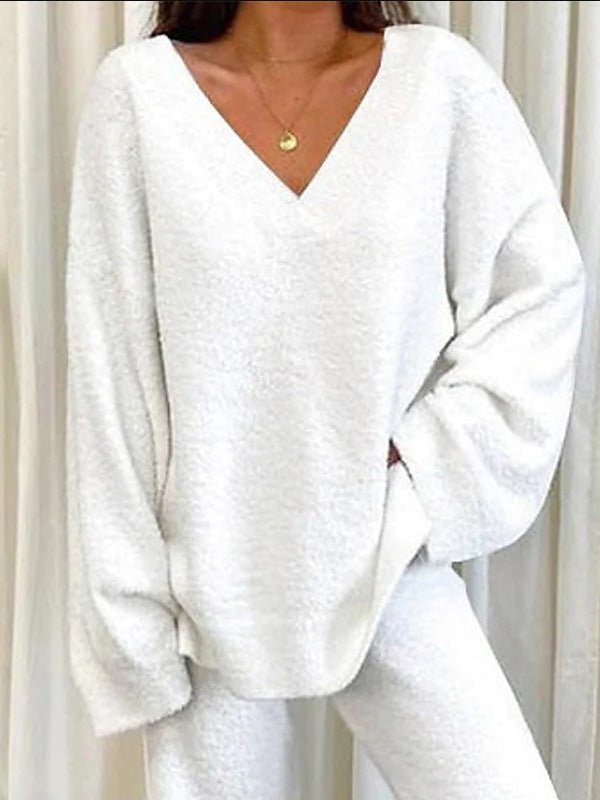 GR | Women's Set Solid Color V-Neck Casual Long Sleeve Top & Pants Warm Two-Piece Set