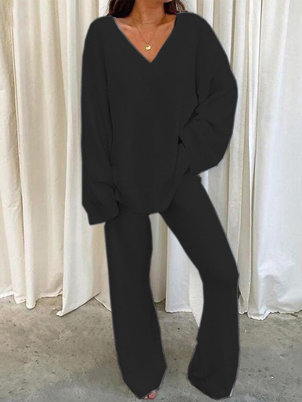 GR | Women's Set Solid Color V-Neck Casual Long Sleeve Top & Pants Warm Two-Piece Set
