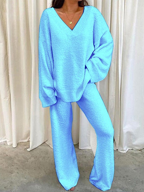 GR | Women's Set Solid Color V-Neck Casual Long Sleeve Top & Pants Warm Two-Piece Set