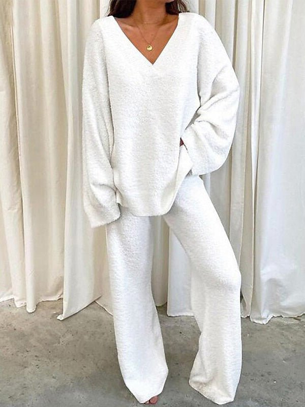 GR | Women's Set Solid Color V-Neck Casual Long Sleeve Top & Pants Warm Two-Piece Set