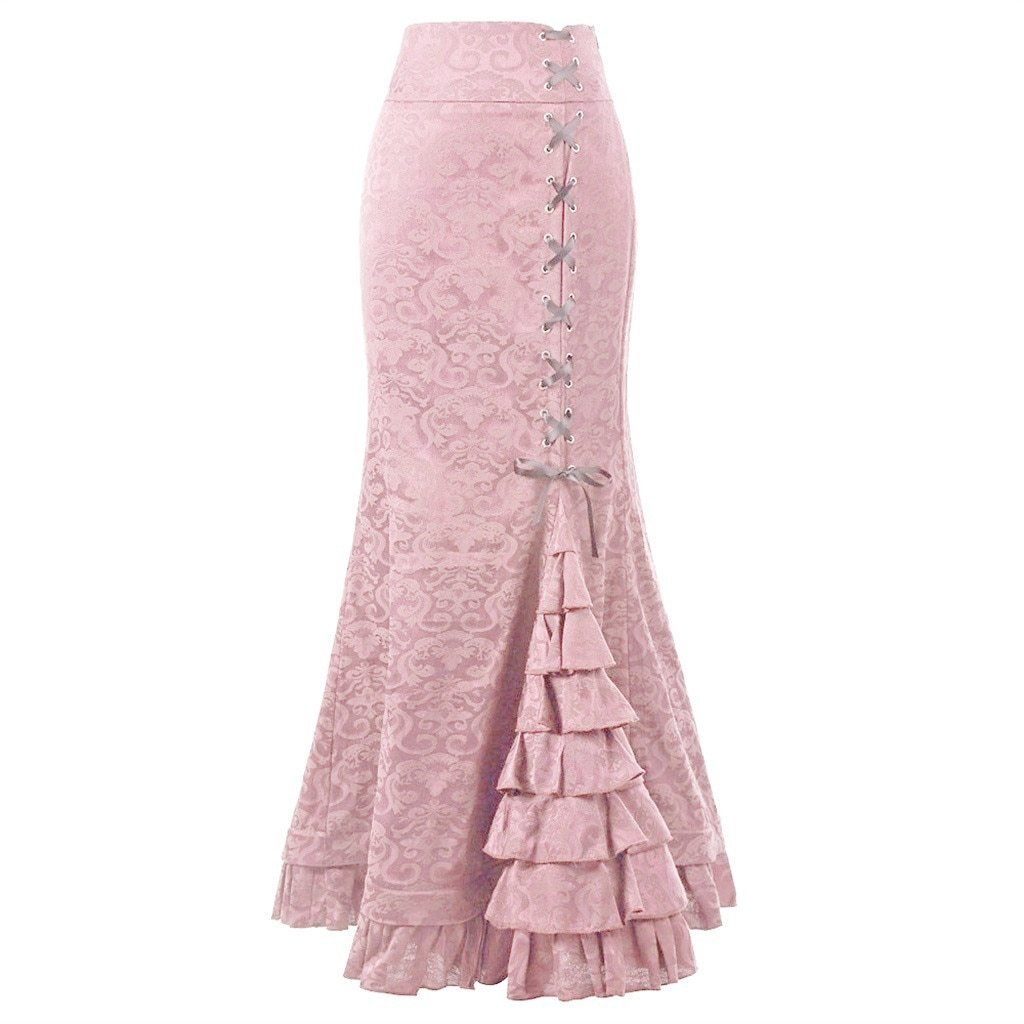 GR | Women's Mermaid Long Ruffle Slim Fit Fishtail Lace-up Skirt