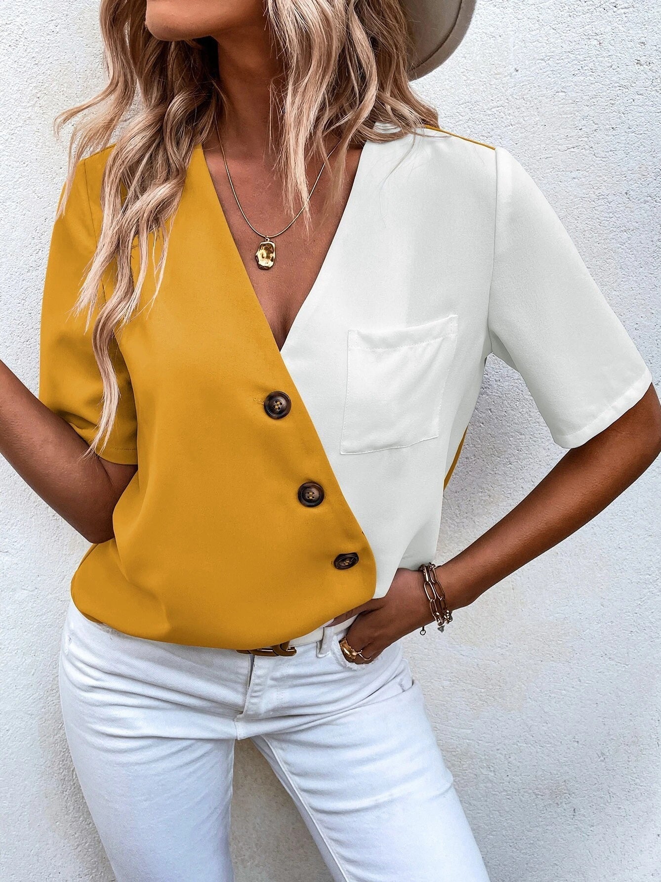 GR | Damen T-Shirts V-Ausschnitt Knopf Kontrastfarbe Kurzarm T-Shirt