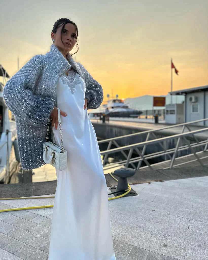 Maeve️ | The elegant, glittering silk cardigan sweater