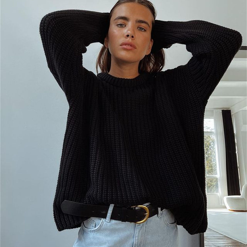 GR – Fashionable solid-color knit sweater with round neck