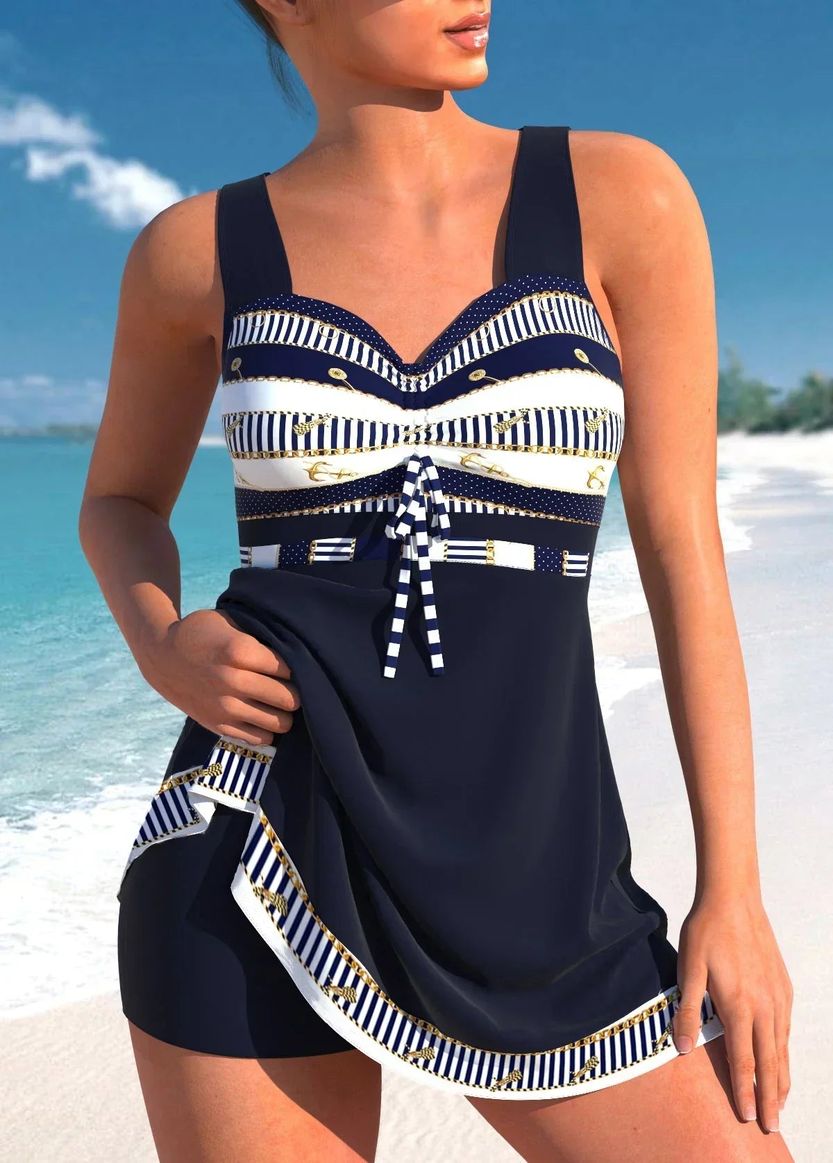 GR blauer, schmaler, leichter Patchwork-Tankini