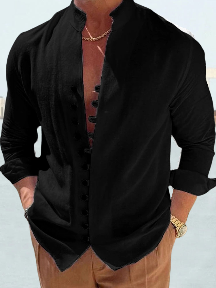 GR | Men's shirt with stand-up collar, long sleeves, button placket, pill-resistant, casual fit